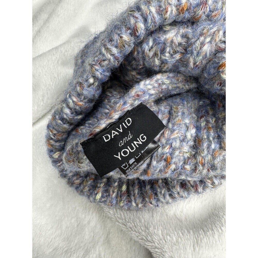 David & Young Hat Cap Beanie OS Blue Speckled Knit Faux Fur Pom Womens Winter - Picture 3 of 4